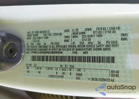 2022 Ford Escape Se from USA, damaged, VIN 1FMCU0G60NUB98554